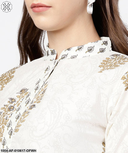 Women Off White Three-Quarter Sleeves Mandarin Collar A-Line Pure Cotton Kurta And Palazzos Set