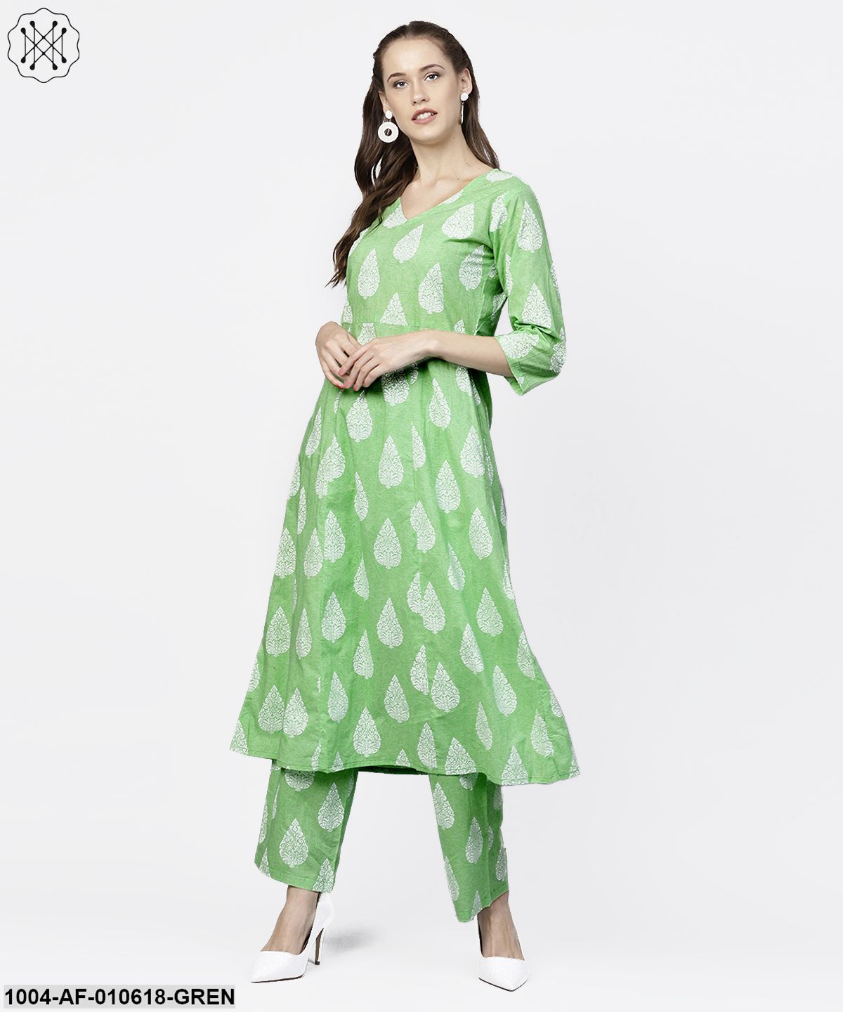 Women Green Three-Quarter Sleeves V-Neck A-Line Pure Cotton Kurta And Palazzos Set