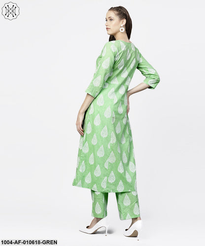 Women Green Three-Quarter Sleeves V-Neck A-Line Pure Cotton Kurta And Palazzos Set