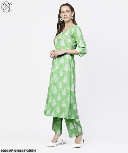 Women Green Three-Quarter Sleeves V-Neck A-Line Pure Cotton Kurta And Palazzos Set