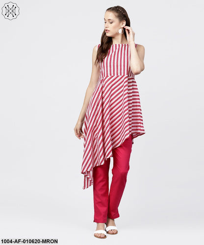 Women Maroon Sleeveless Round Neck A-Line Pure Cotton Kurta And Trousers Set