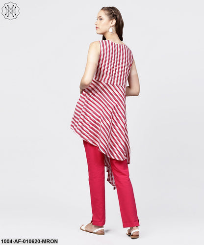 Women Maroon Sleeveless Round Neck A-Line Pure Cotton Kurta And Trousers Set