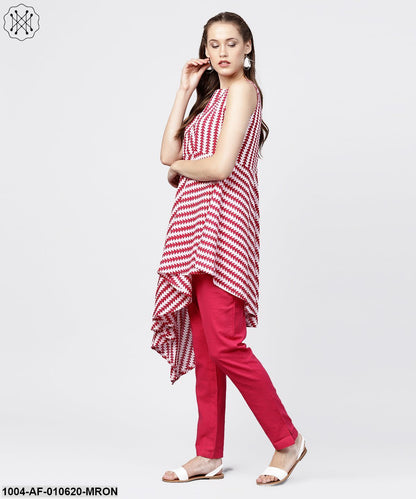 Women Maroon Sleeveless Round Neck A-Line Pure Cotton Kurta And Trousers Set