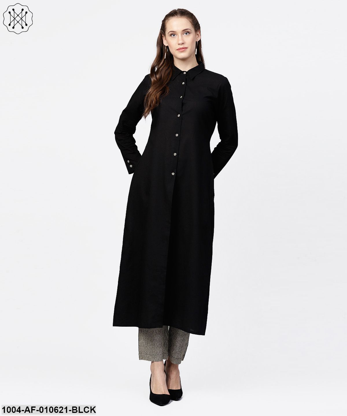 Women Black Long Sleeves Shirt Collar Straight Pure Cotton Kurta And Palazzos Set
