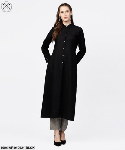 Women Black Long Sleeves Shirt Collar Straight Pure Cotton Kurta And Palazzos Set