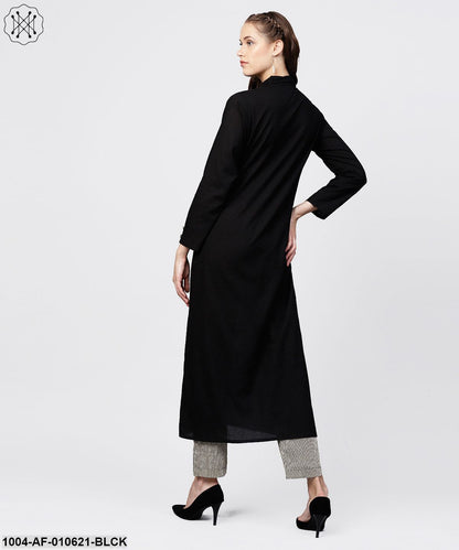 Women Black Long Sleeves Shirt Collar Straight Pure Cotton Kurta And Palazzos Set