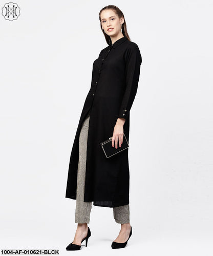 Women Black Long Sleeves Shirt Collar Straight Pure Cotton Kurta And Palazzos Set