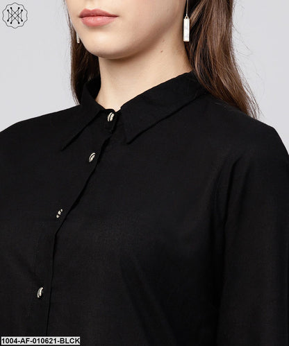Women Black Long Sleeves Shirt Collar Straight Pure Cotton Kurta And Palazzos Set
