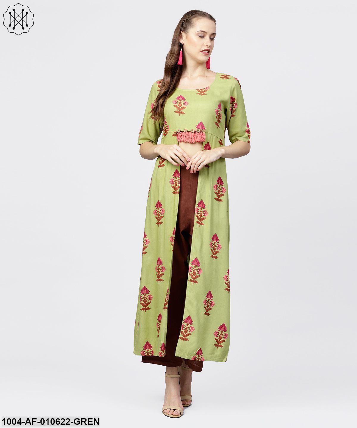 Women Green Short Sleeves Round Neck A-Line Pure Cotton Kurta And Trousers Set