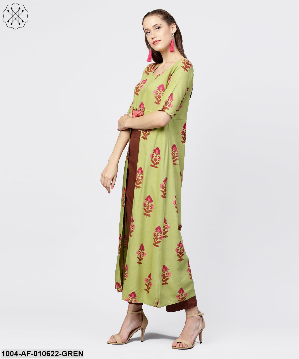Women Green Short Sleeves Round Neck A-Line Pure Cotton Kurta And Trousers Set