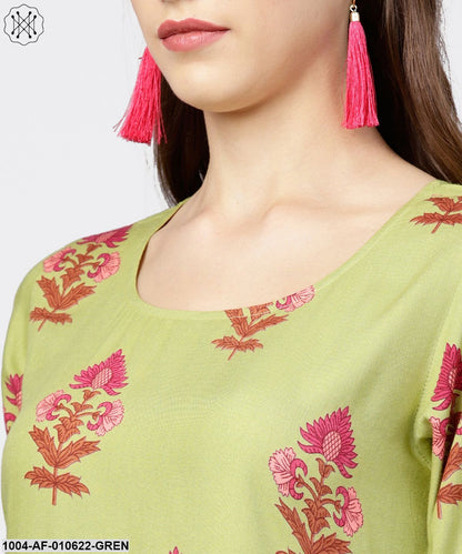 Women Green Short Sleeves Round Neck A-Line Pure Cotton Kurta And Trousers Set
