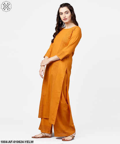 Women Yellow Three-Quarter Sleeves Round Neck Straight Pure Cotton Kurta And Palazzos Set
