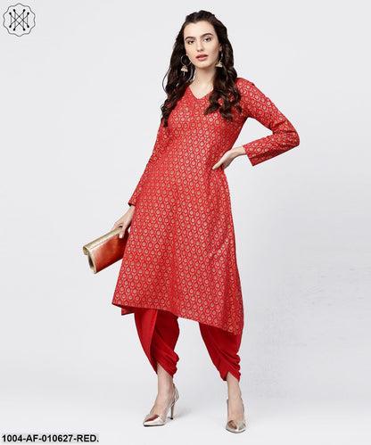 Women Red Three-Quarter Sleeves V-Neck A-Line Pure Cotton Kurta And Dhoti Pants Set