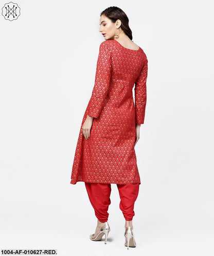 Women Red Three-Quarter Sleeves V-Neck A-Line Pure Cotton Kurta And Dhoti Pants Set
