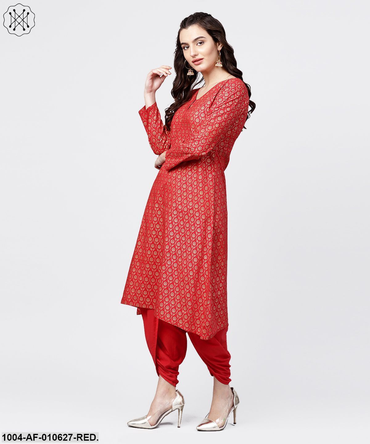 Women Red Three-Quarter Sleeves V-Neck A-Line Pure Cotton Kurta And Dhoti Pants Set