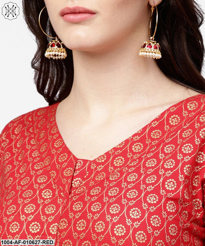 Women Red Three-Quarter Sleeves V-Neck A-Line Pure Cotton Kurta And Dhoti Pants Set