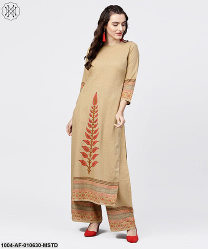 Women Mustard Three-Quarter Sleeves Round Neck Straight Pure Cotton Kurta And Palazzos Set