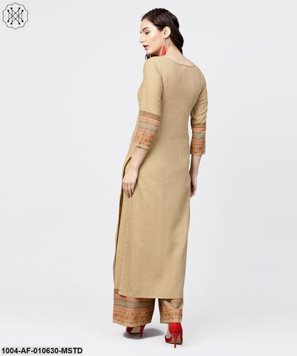 Women Mustard Three-Quarter Sleeves Round Neck Straight Pure Cotton Kurta And Palazzos Set