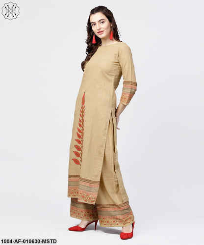 Women Mustard Three-Quarter Sleeves Round Neck Straight Pure Cotton Kurta And Palazzos Set