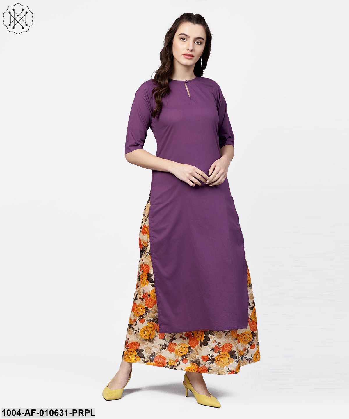 Women Purple Short Sleeves Round Neck Straight Pure Cotton Kurta And Skirt Set