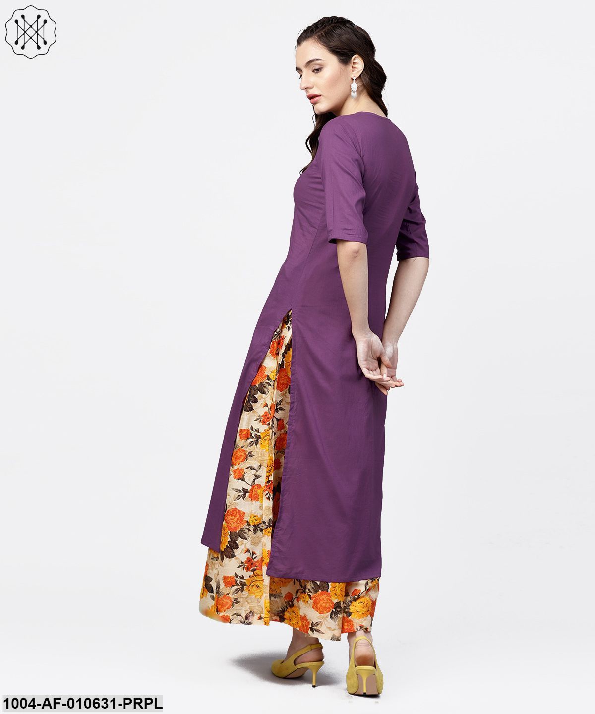 Women Purple Short Sleeves Round Neck Straight Pure Cotton Kurta And Skirt Set