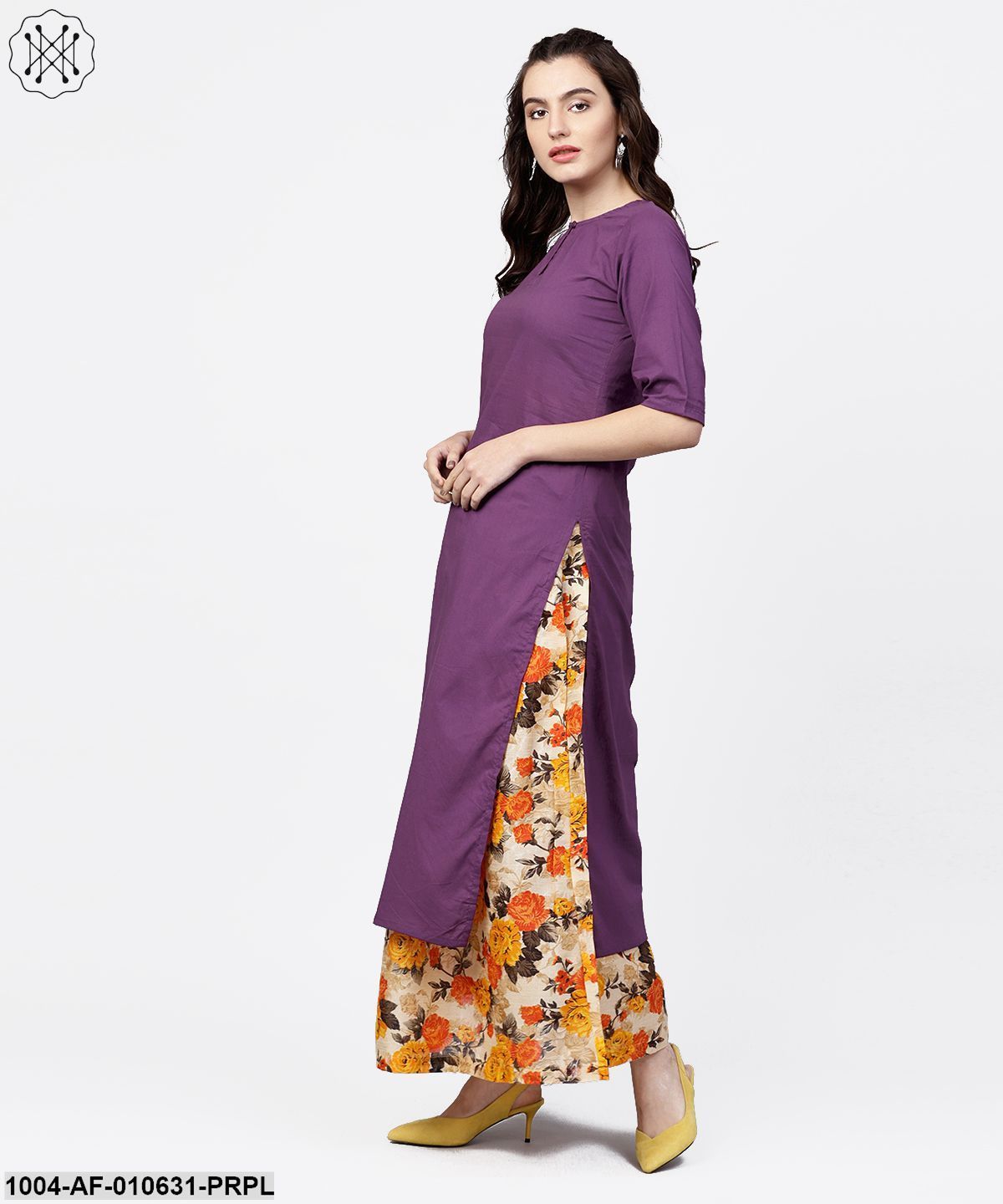 Women Purple Short Sleeves Round Neck Straight Pure Cotton Kurta And Skirt Set