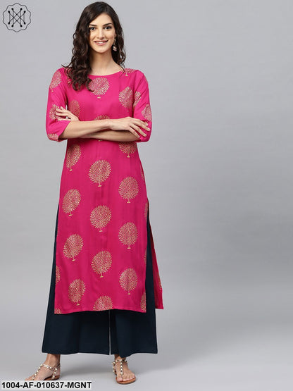 Women Magenta Three-Quarter Sleeves Round Neck Straight Pure Cotton Kurta And Palazzo Set