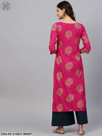 Women Magenta Three-Quarter Sleeves Round Neck Straight Pure Cotton Kurta And Palazzo Set
