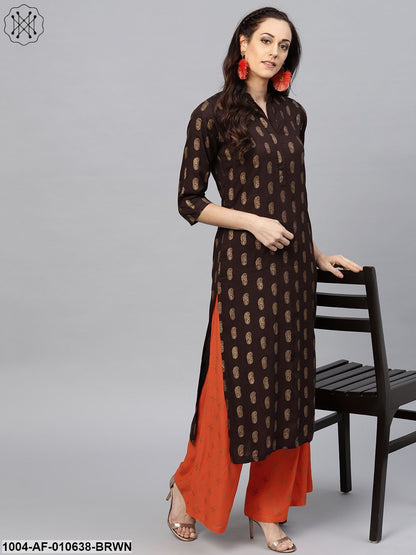 Women Brown Three-Quarter Sleeves Mandarin Collar Straight Pure Cotton Kurta And Palazzo Set