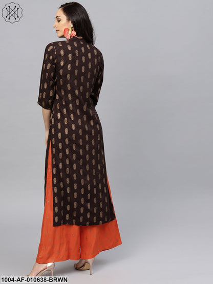 Women Brown Three-Quarter Sleeves Mandarin Collar Straight Pure Cotton Kurta And Palazzo Set