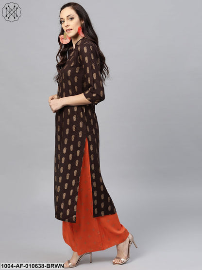 Women Brown Three-Quarter Sleeves Mandarin Collar Straight Pure Cotton Kurta And Palazzo Set