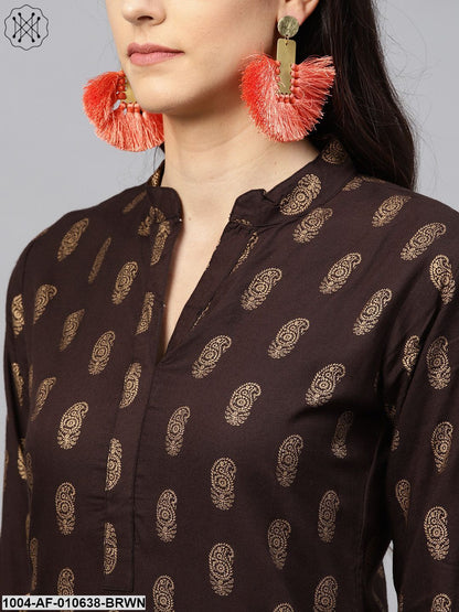 Women Brown Three-Quarter Sleeves Mandarin Collar Straight Pure Cotton Kurta And Palazzo Set
