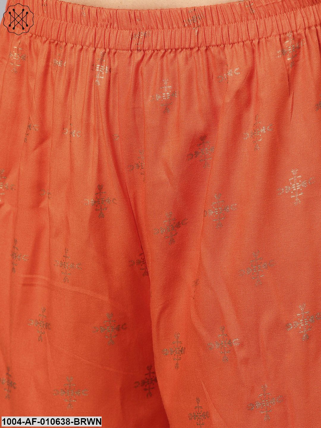 Women Brown Three-Quarter Sleeves Mandarin Collar Straight Pure Cotton Kurta And Palazzo Set