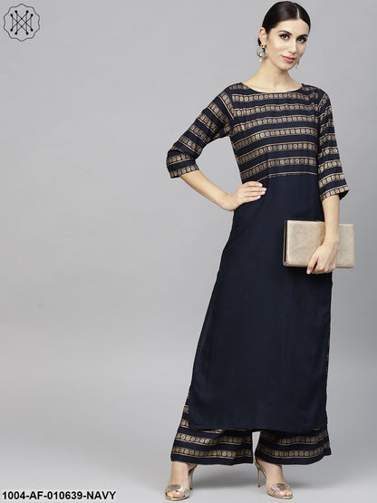 Women Navy Blue Short Sleeves Round Neck Straight Pure Cotton Kurta And Palazzo Set