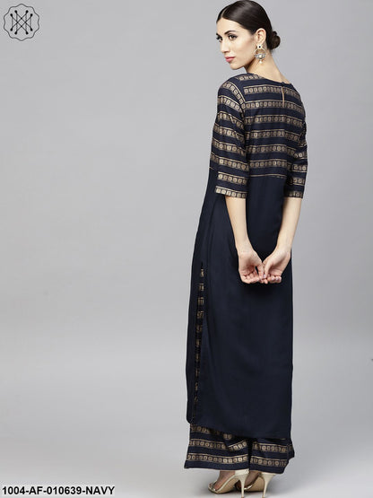 Women Navy Blue Short Sleeves Round Neck Straight Pure Cotton Kurta And Palazzo Set