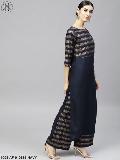 Women Navy Blue Short Sleeves Round Neck Straight Pure Cotton Kurta And Palazzo Set