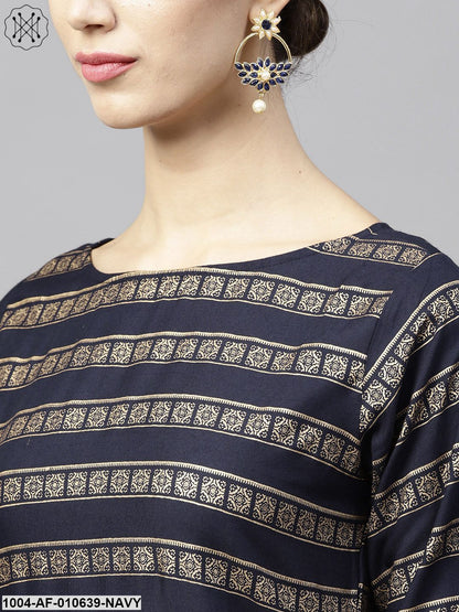 Women Navy Blue Short Sleeves Round Neck Straight Pure Cotton Kurta And Palazzo Set