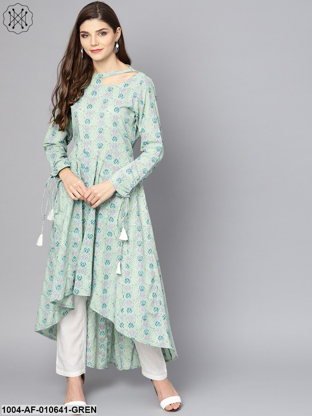Women Green Long Sleeves Mandarin Collar Anarkali Pure Cotton Kurta And Palazzo Set