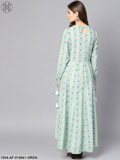 Women Green Long Sleeves Mandarin Collar Anarkali Pure Cotton Kurta And Palazzo Set