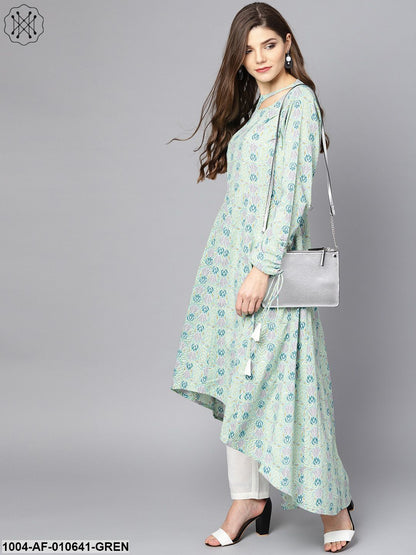 Women Green Long Sleeves Mandarin Collar Anarkali Pure Cotton Kurta And Palazzo Set