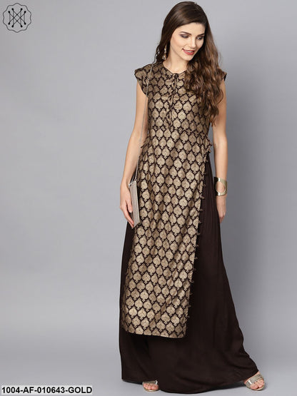 Women Gold Short Sleeves V-Neck Straight Pure Cotton Kurta And Skirt Set