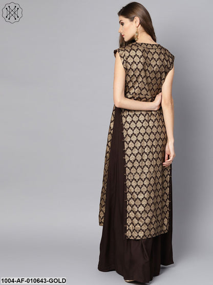 Women Gold Short Sleeves V-Neck Straight Pure Cotton Kurta And Skirt Set