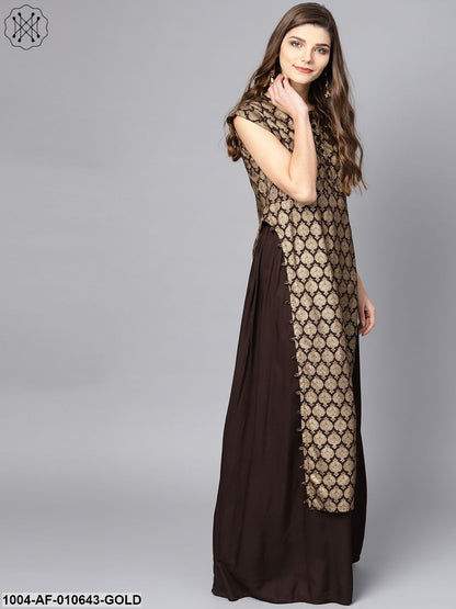 Women Gold Short Sleeves V-Neck Straight Pure Cotton Kurta And Skirt Set