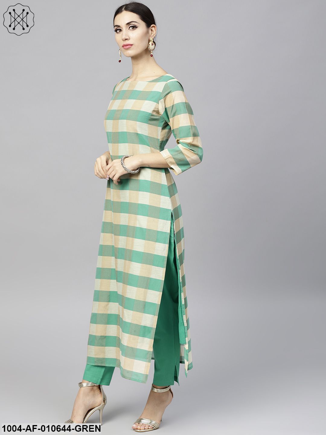 Women Green Three-Quarter Sleeves Round Neck Straight Pure Cotton Kurta And Palazzo Set