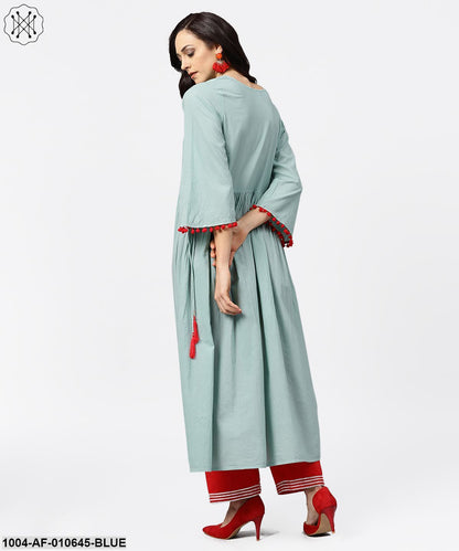 Women Blue Three-Quarter Sleeves Round Neck A-Line Pure Cotton Kurta And Palazzo Set