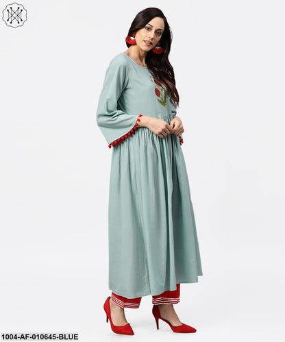 Women Blue Three-Quarter Sleeves Round Neck A-Line Pure Cotton Kurta And Palazzo Set