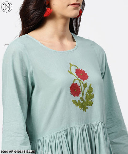 Women Blue Three-Quarter Sleeves Round Neck A-Line Pure Cotton Kurta And Palazzo Set