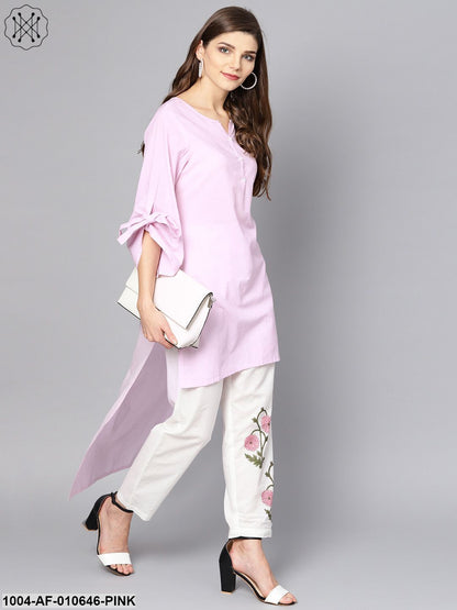 Women Pink Three-Quarter Sleeves Round Neck Straight Pure Cotton Kurta And Palazzo Set
