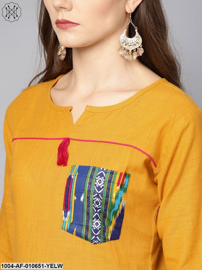 Women Yellow Three-Quarter Sleeves Keyhole Neck Straight Pure Cotton Kurta And Pant Set