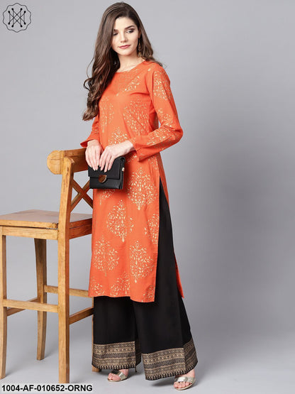 Women Orange Long Sleeves Round Neck Straight Pure Cotton Kurta And Palazzo Set